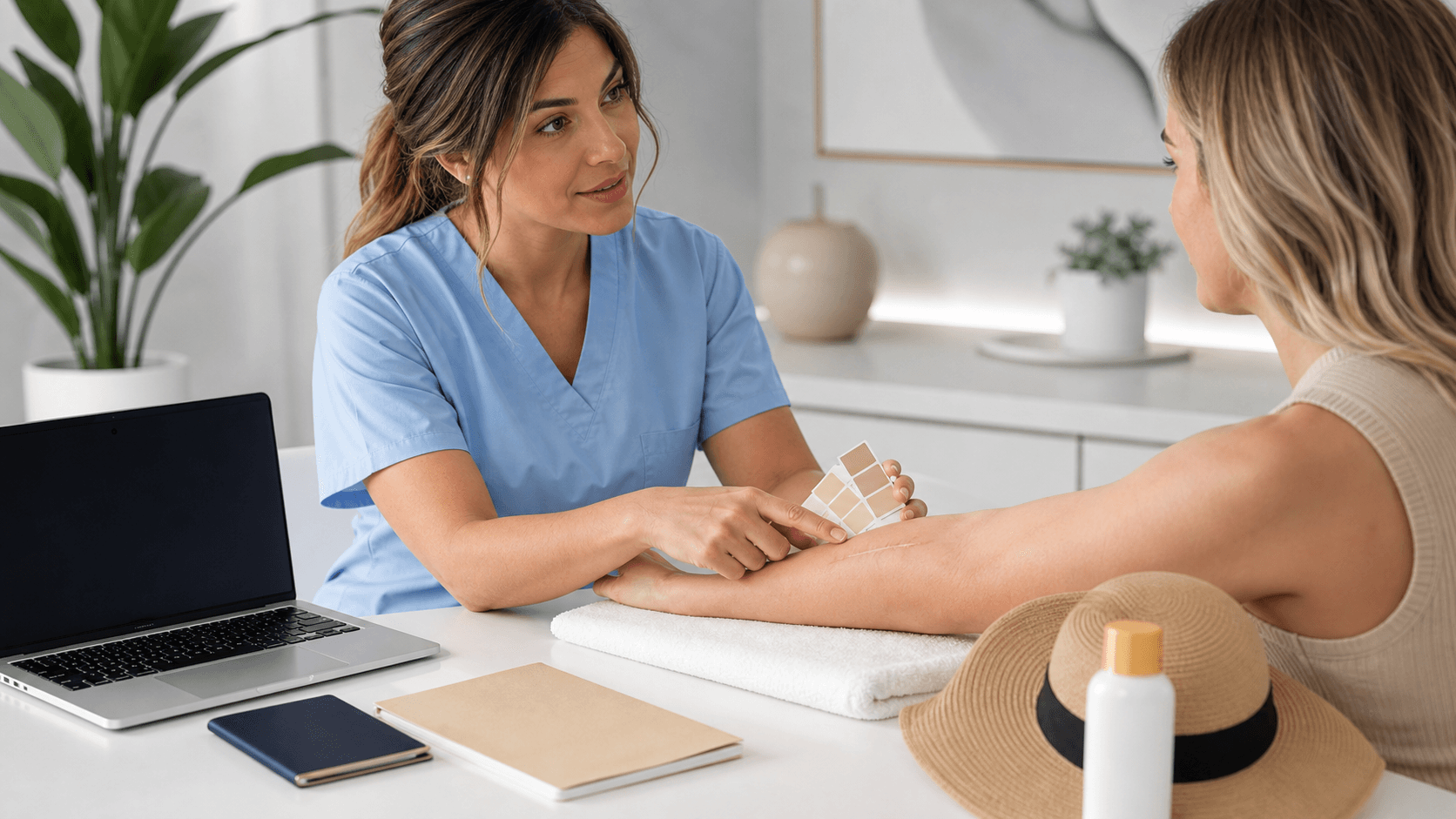 Flat lay of sunscreen, bandages, a calendar and passport on a sunlit desk with soft shadows