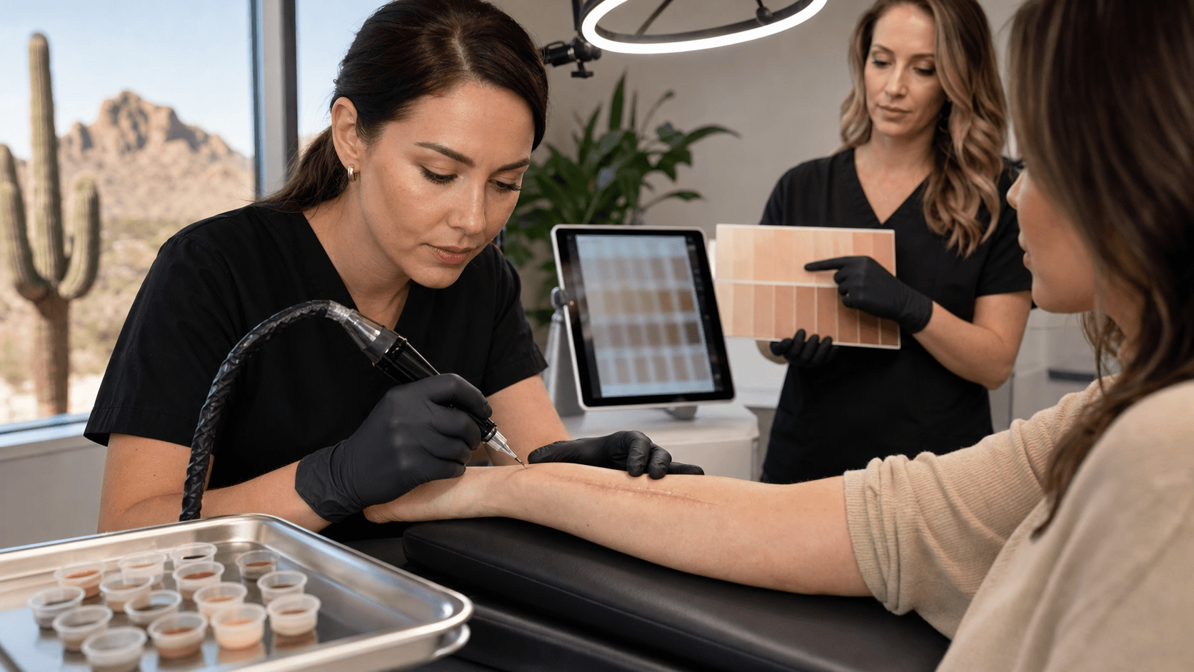 Close-up of a forearm scar being shaded by a gloved technician with a tattoo machine under soft studio lighting.